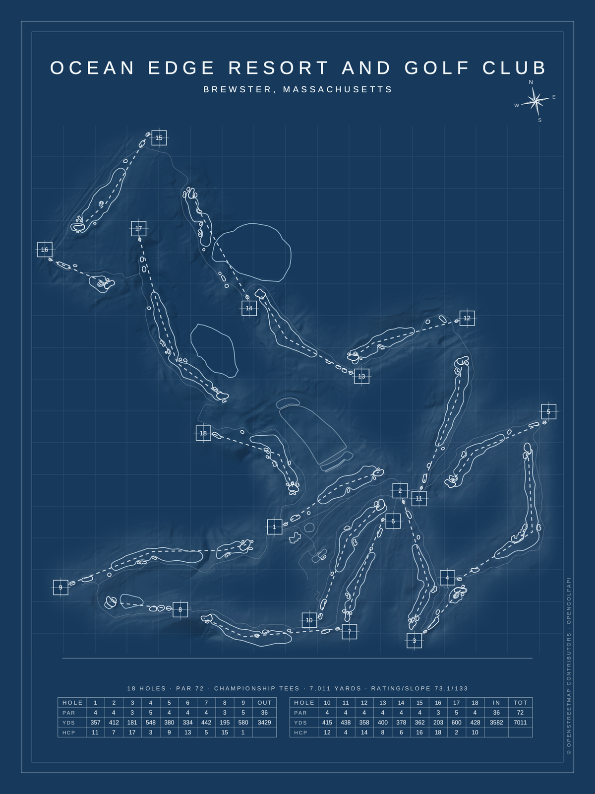 Ocean Edge Resort and Golf Club course map poster, Blueprint style, 12×16 / 18×24