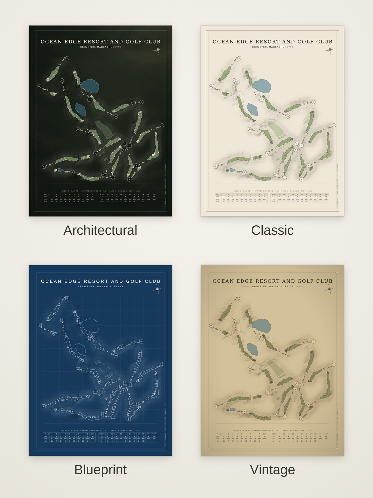 Ocean Edge Resort and Golf Club course map poster in four styles: Architectural, Classic, Blueprint and Vintage