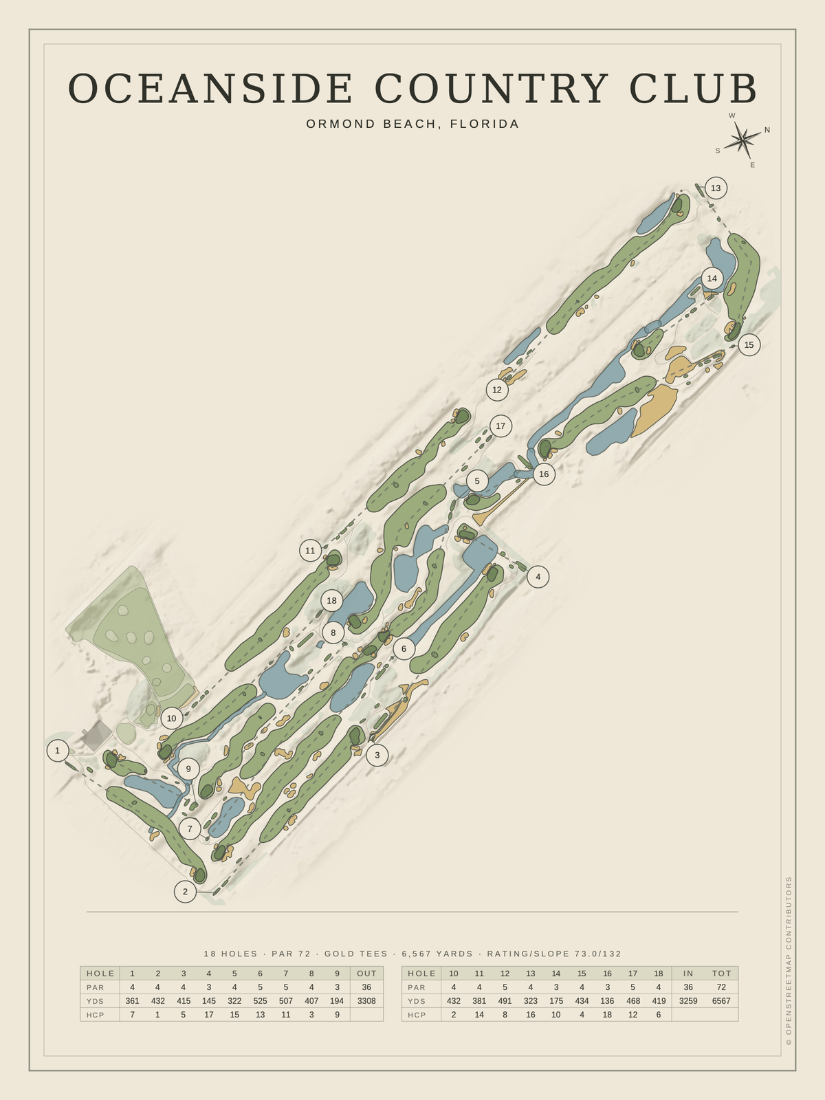 Oceanside Country Club course map poster, Classic style, 12×16 / 18×24