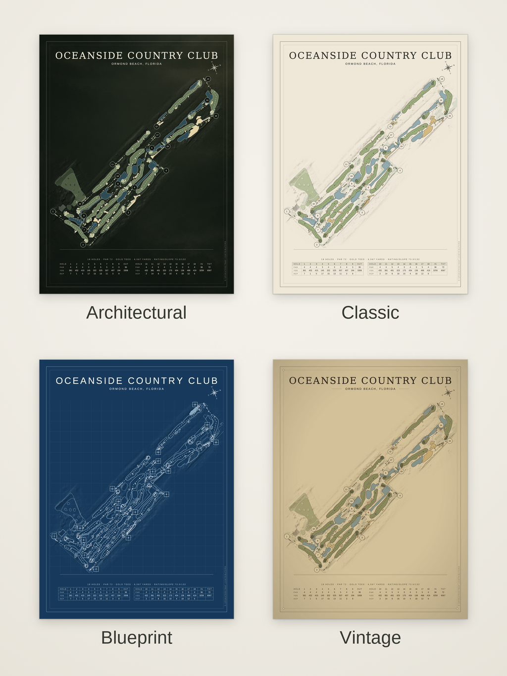 Oceanside Country Club course map poster in four styles: Architectural, Classic, Blueprint and Vintage