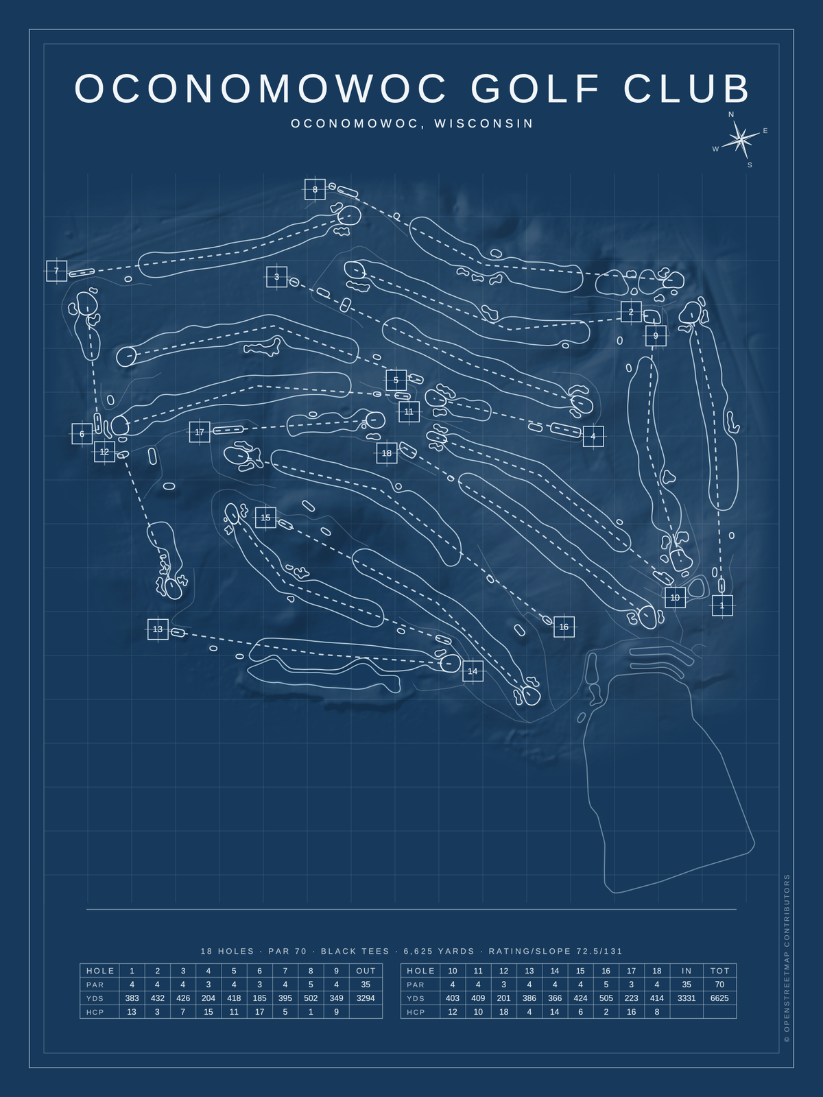 Oconomowoc Golf Club course map poster, Blueprint style, 12×16 / 18×24