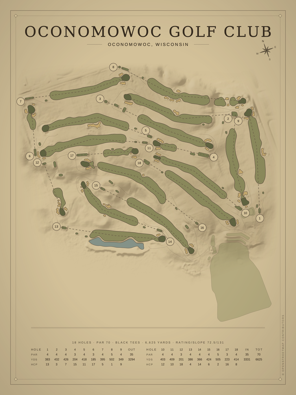Oconomowoc Golf Club course map poster, Vintage style, 12×16 / 18×24