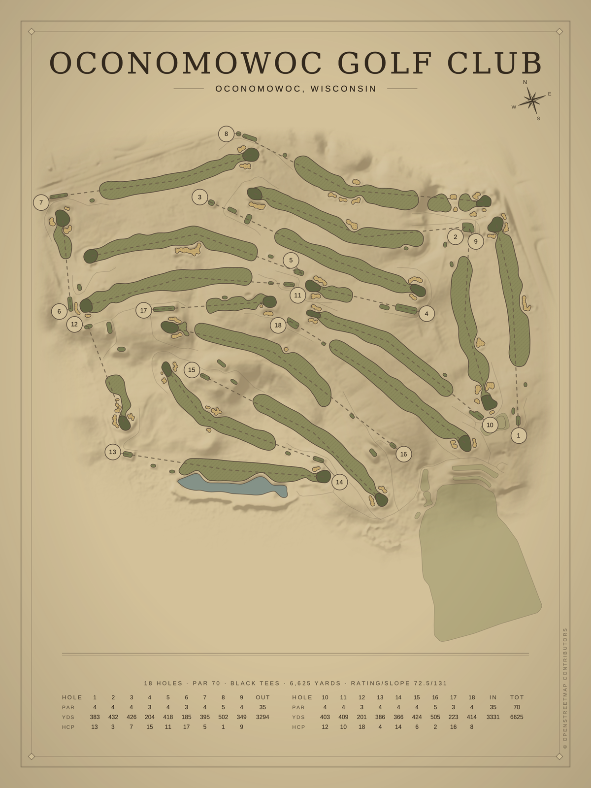Oconomowoc Golf Club course map poster, Vintage style, 12×16 / 18×24