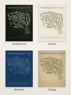 Oconomowoc Golf Club course map poster in four styles: Architectural, Classic, Blueprint and Vintage