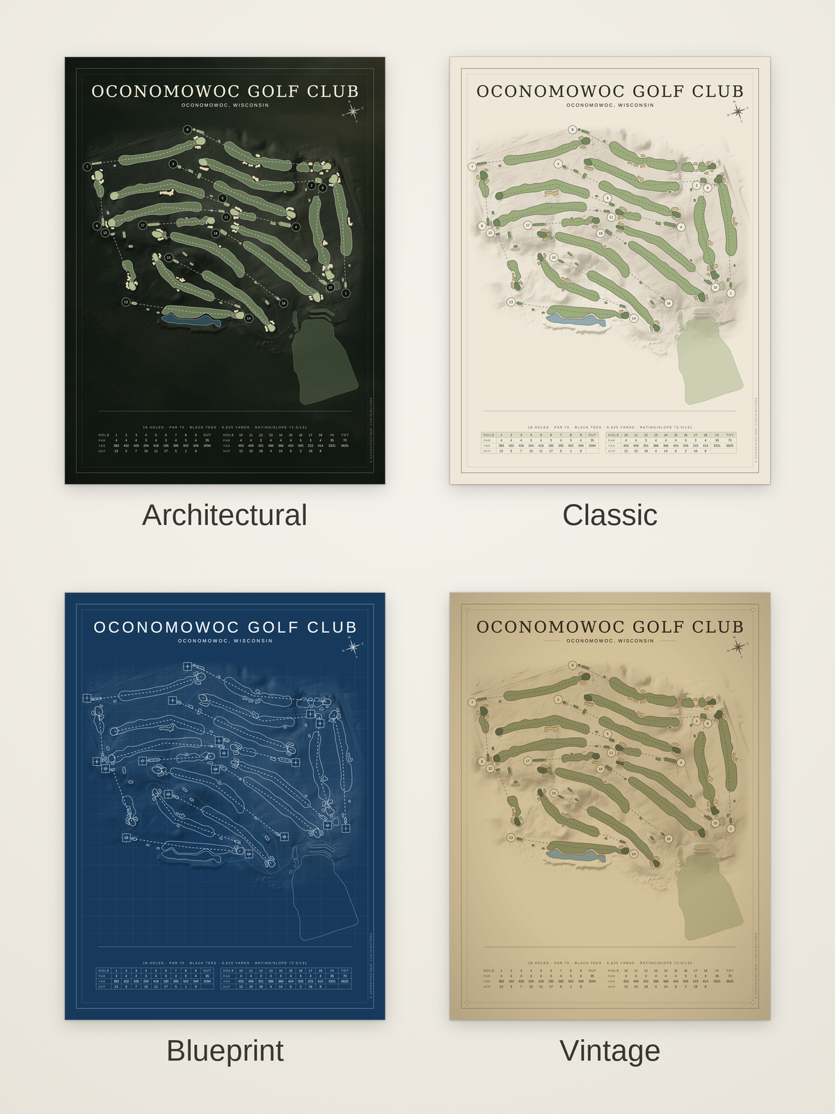 Oconomowoc Golf Club course map poster in four styles: Architectural, Classic, Blueprint and Vintage