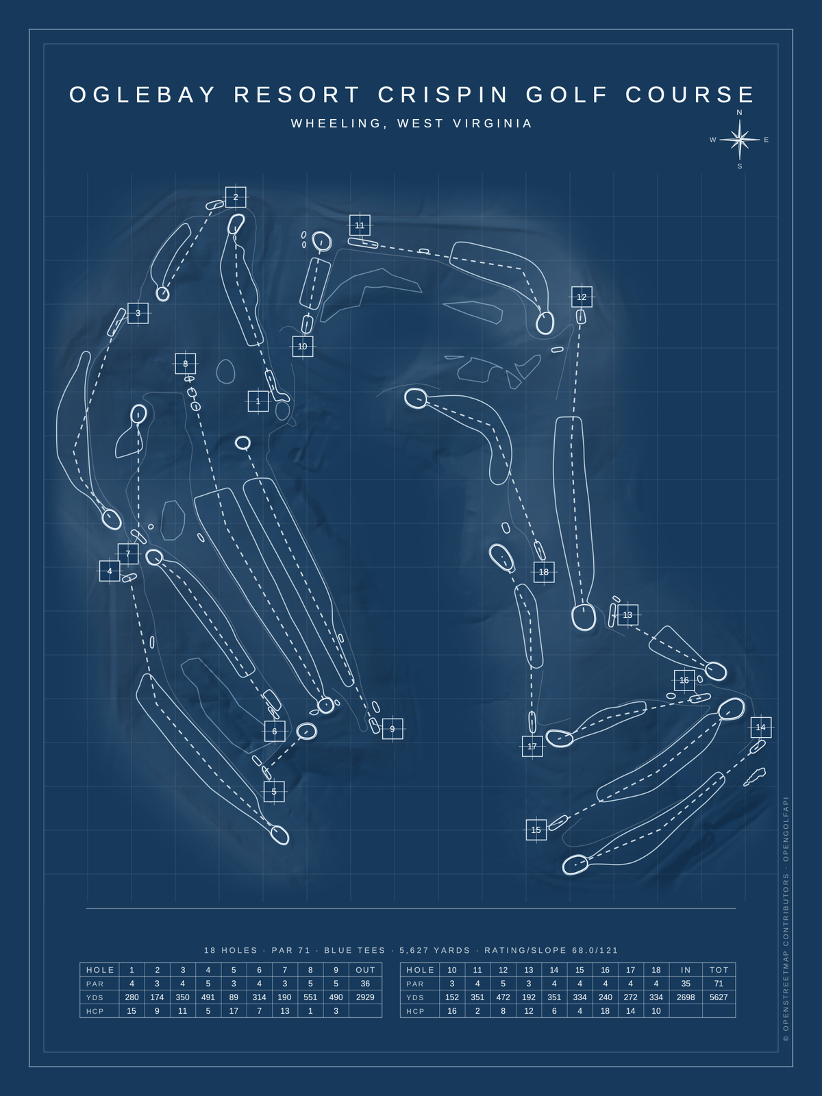 Oglebay Resort Crispin Golf Course map poster, Blueprint style, 12×16 / 18×24