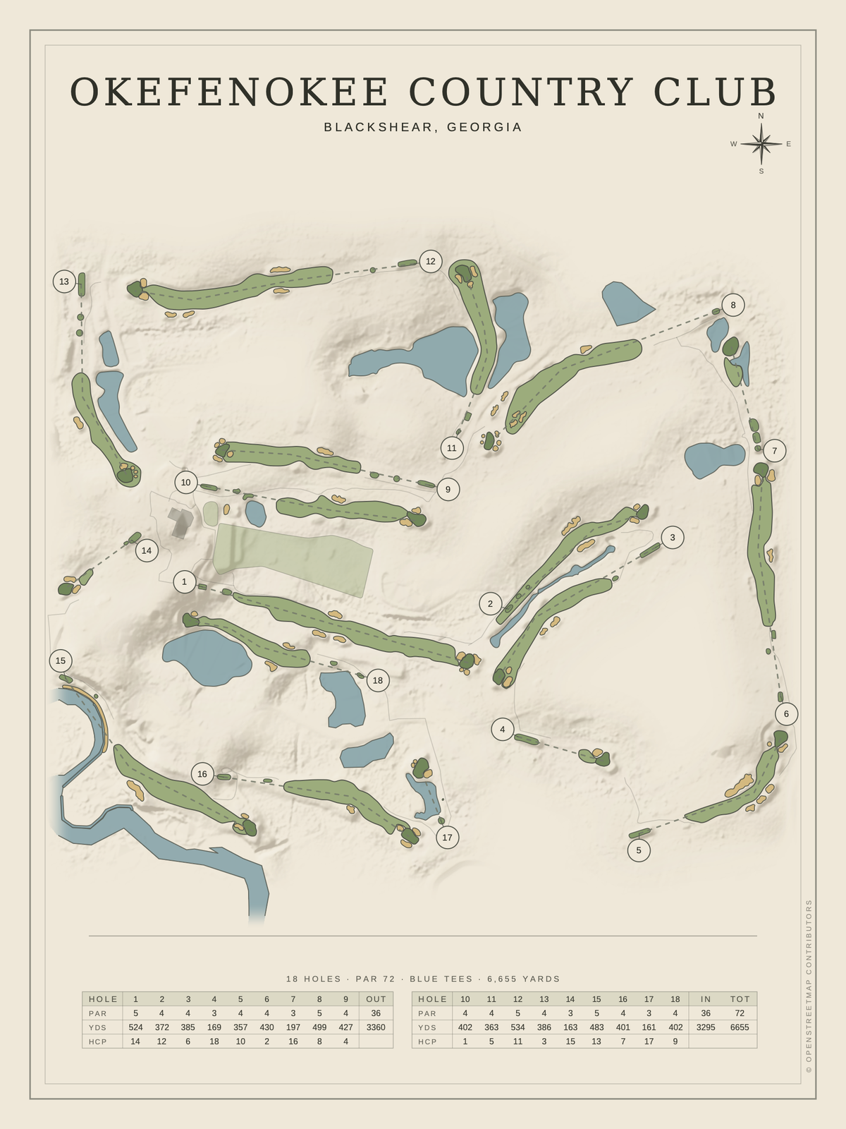 Okefenokee Country Club course map poster, Classic style, 12×16 / 18×24