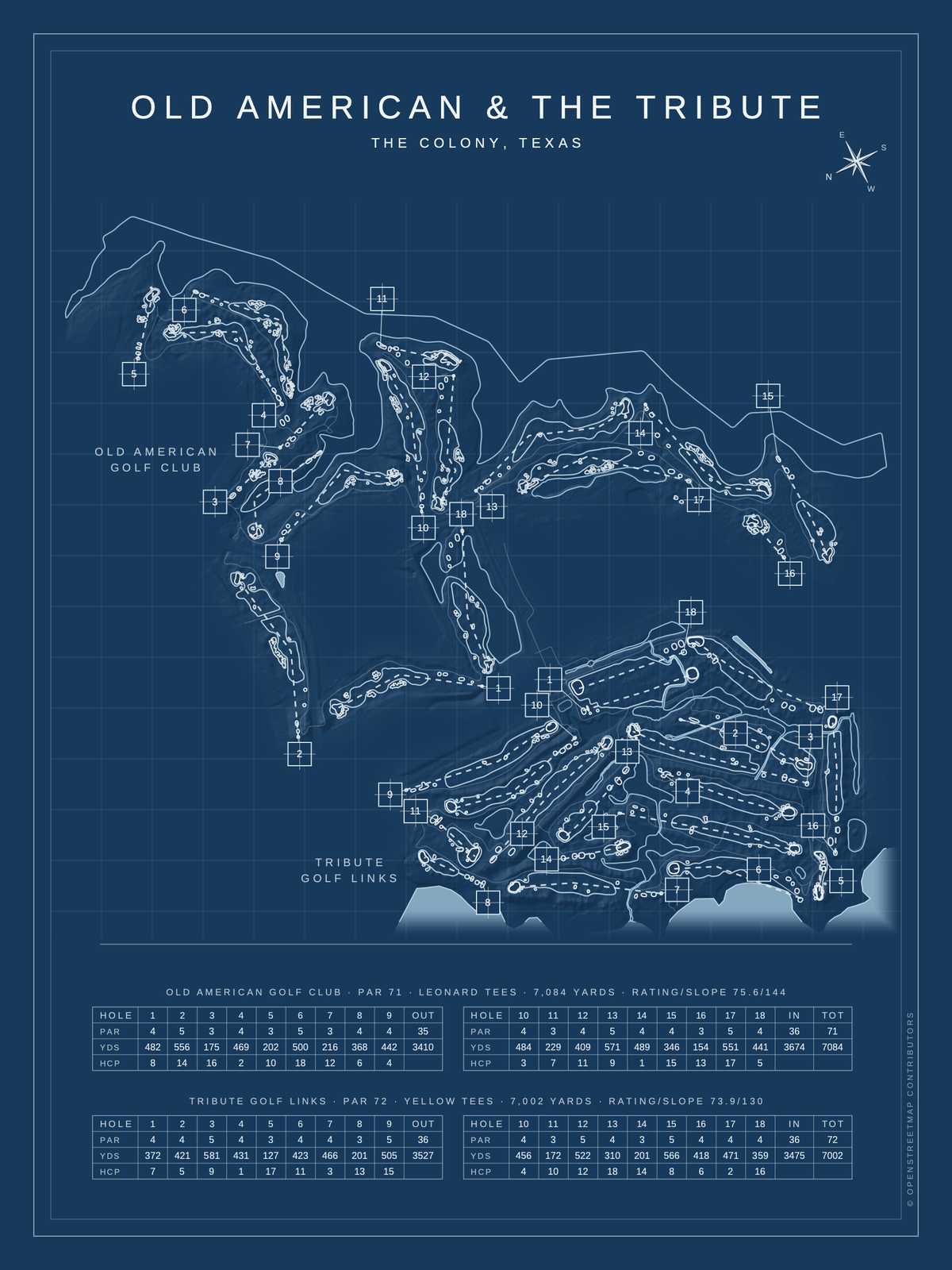 Old American & The Tribute course map poster, Blueprint style, 12×16 / 18×24