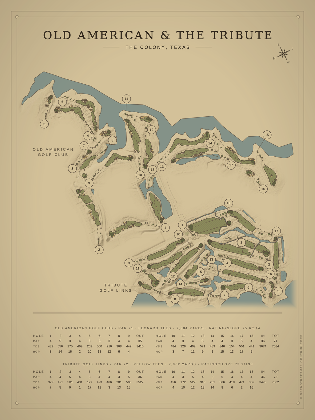 Old American & The Tribute course map poster, Vintage style, 12×16 / 18×24
