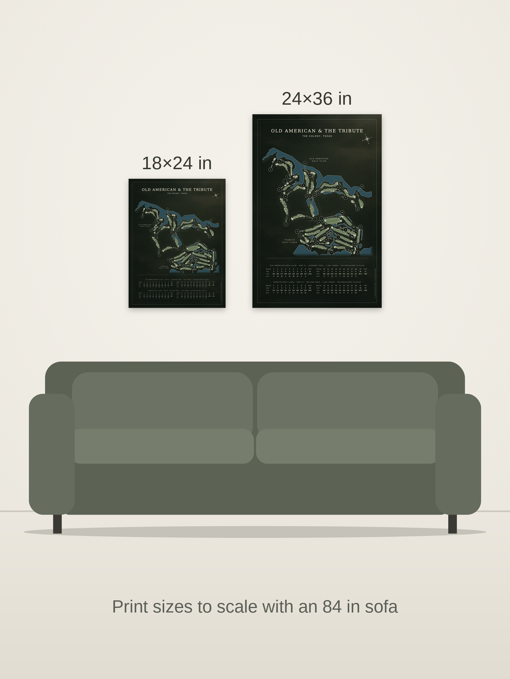 Old American & The Tribute course map poster in the Architectural style at 18×24 and 24×36 inches, shown to scale above an 84-inch sofa