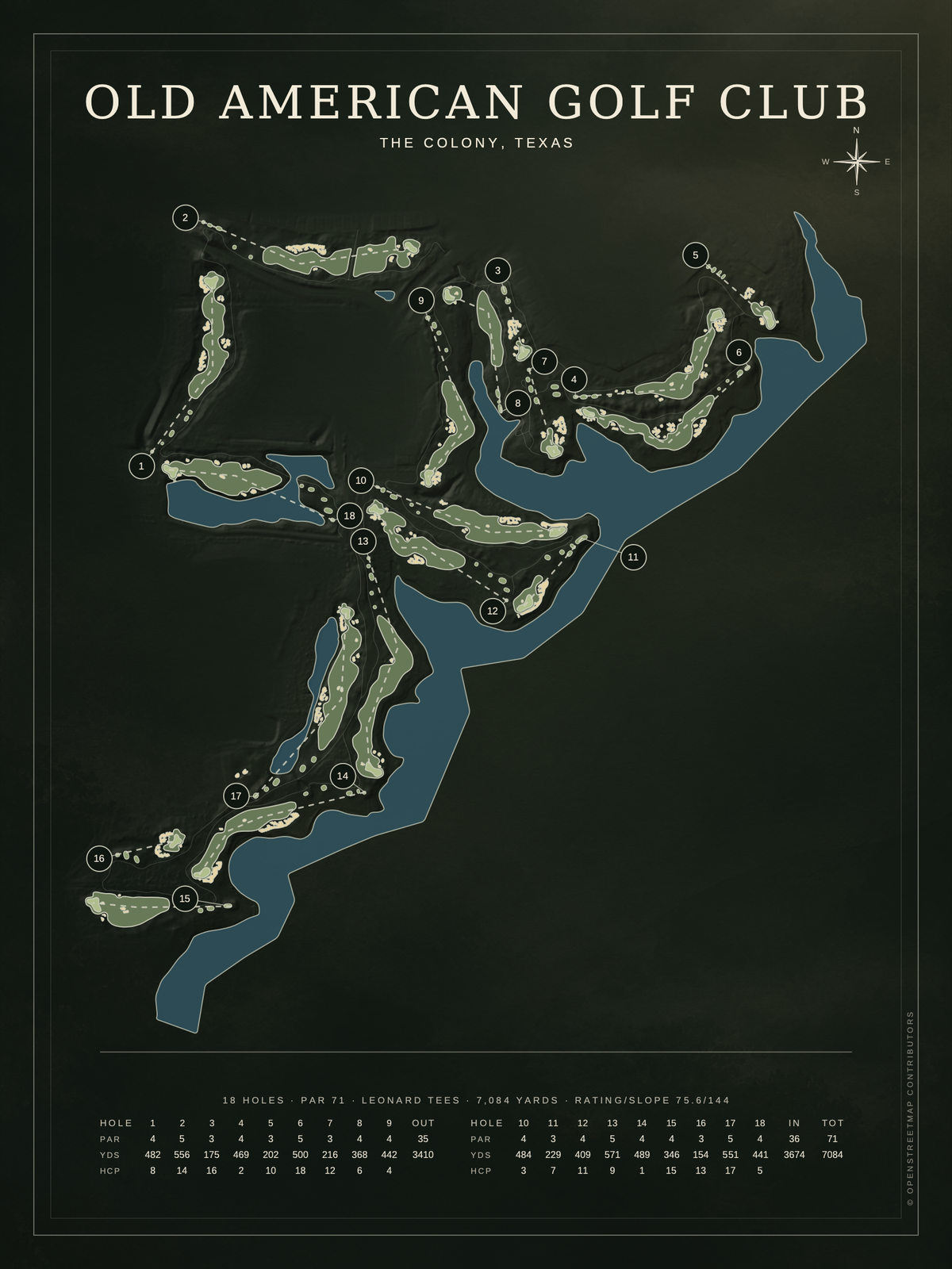 Old American Golf Club course map poster, Architectural style, 12×16 / 18×24
