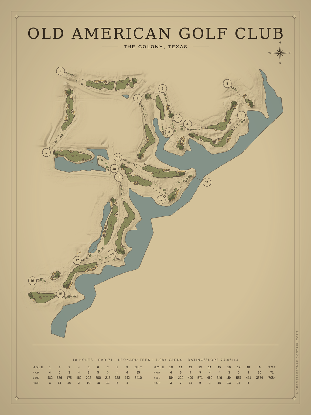 Old American Golf Club course map poster, Vintage style, 12×16 / 18×24