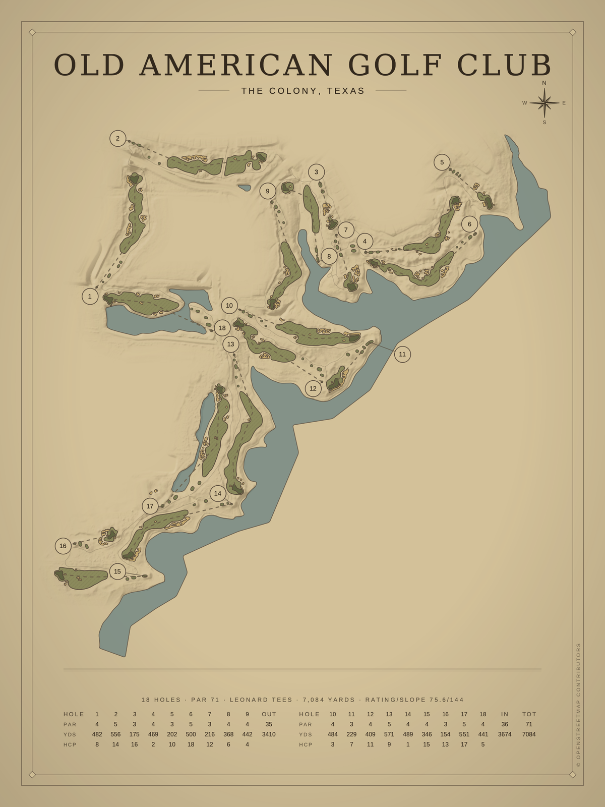 Old American Golf Club course map poster, Vintage style, 12×16 / 18×24