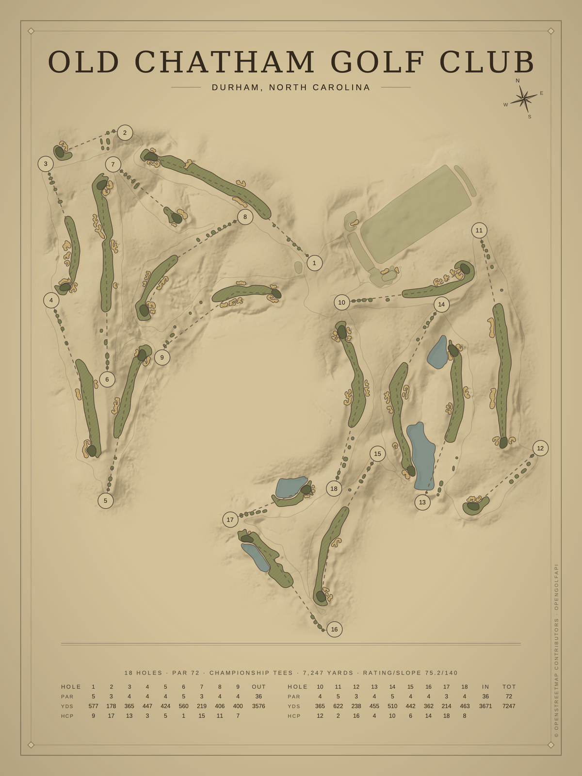 Old Chatham Golf Club course map poster, Vintage style, 12×16 / 18×24