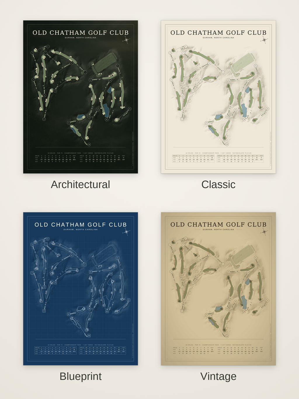 Old Chatham Golf Club course map poster in four styles: Architectural, Classic, Blueprint and Vintage