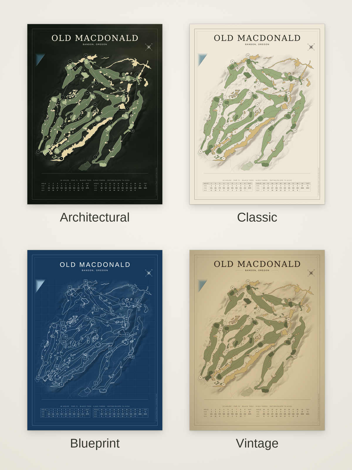Old Macdonald course map poster in four styles: Architectural, Classic, Blueprint and Vintage
