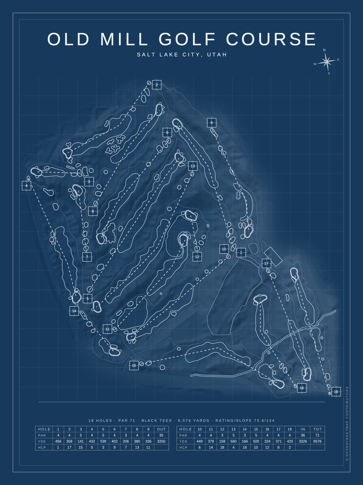 Old Mill Golf Course map poster, Blueprint style, 12×16 / 18×24