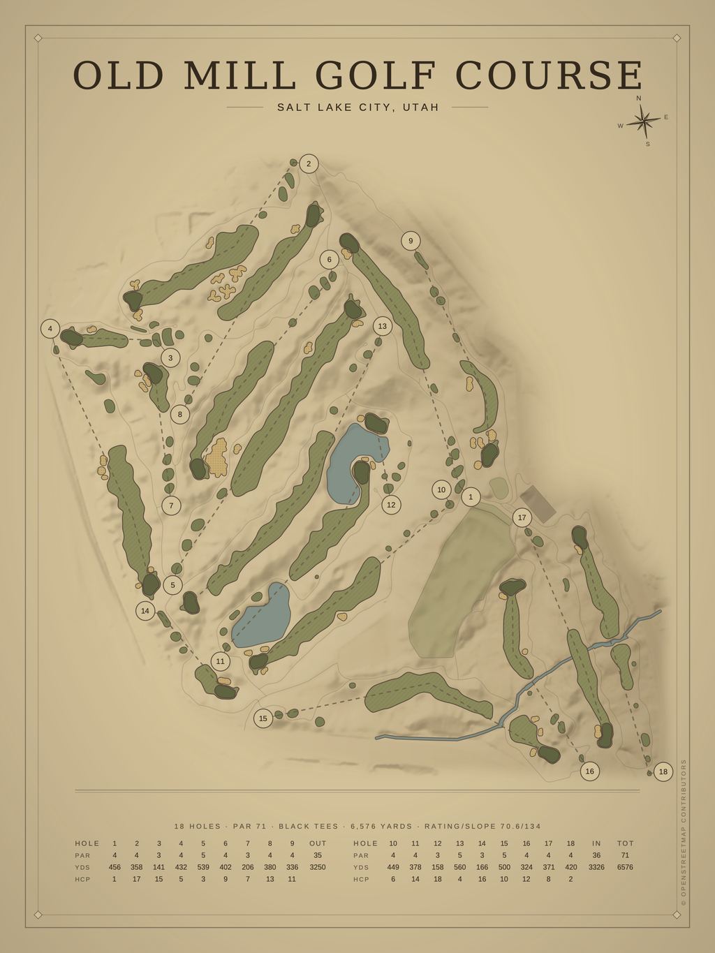 Old Mill Golf Course map poster, Vintage style, 12×16 / 18×24