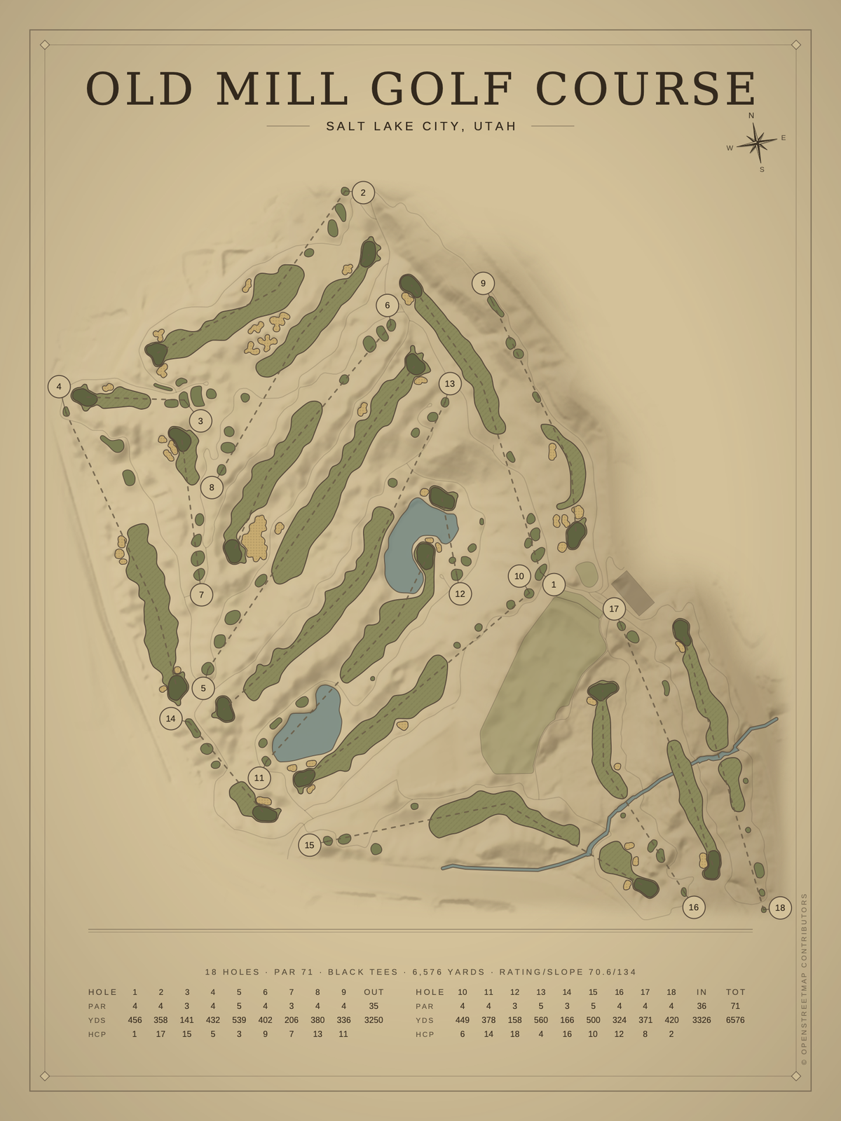 Old Mill Golf Course map poster, Vintage style, 12×16 / 18×24