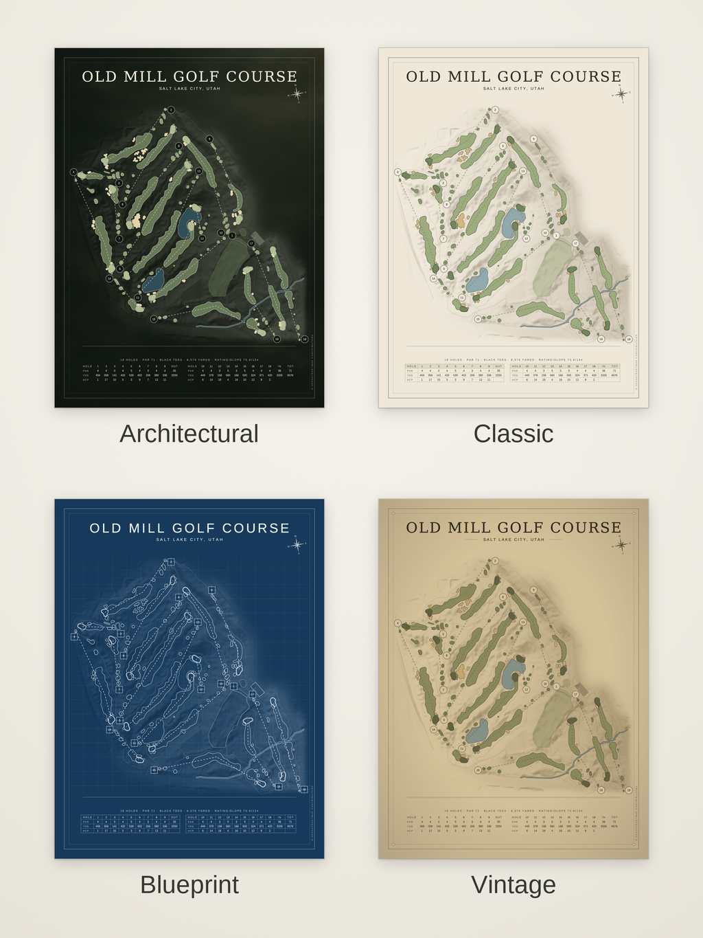 Old Mill Golf Course map poster in four styles: Architectural, Classic, Blueprint and Vintage