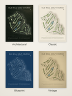 Old Mill Golf Course map poster in four styles: Architectural, Classic, Blueprint and Vintage
