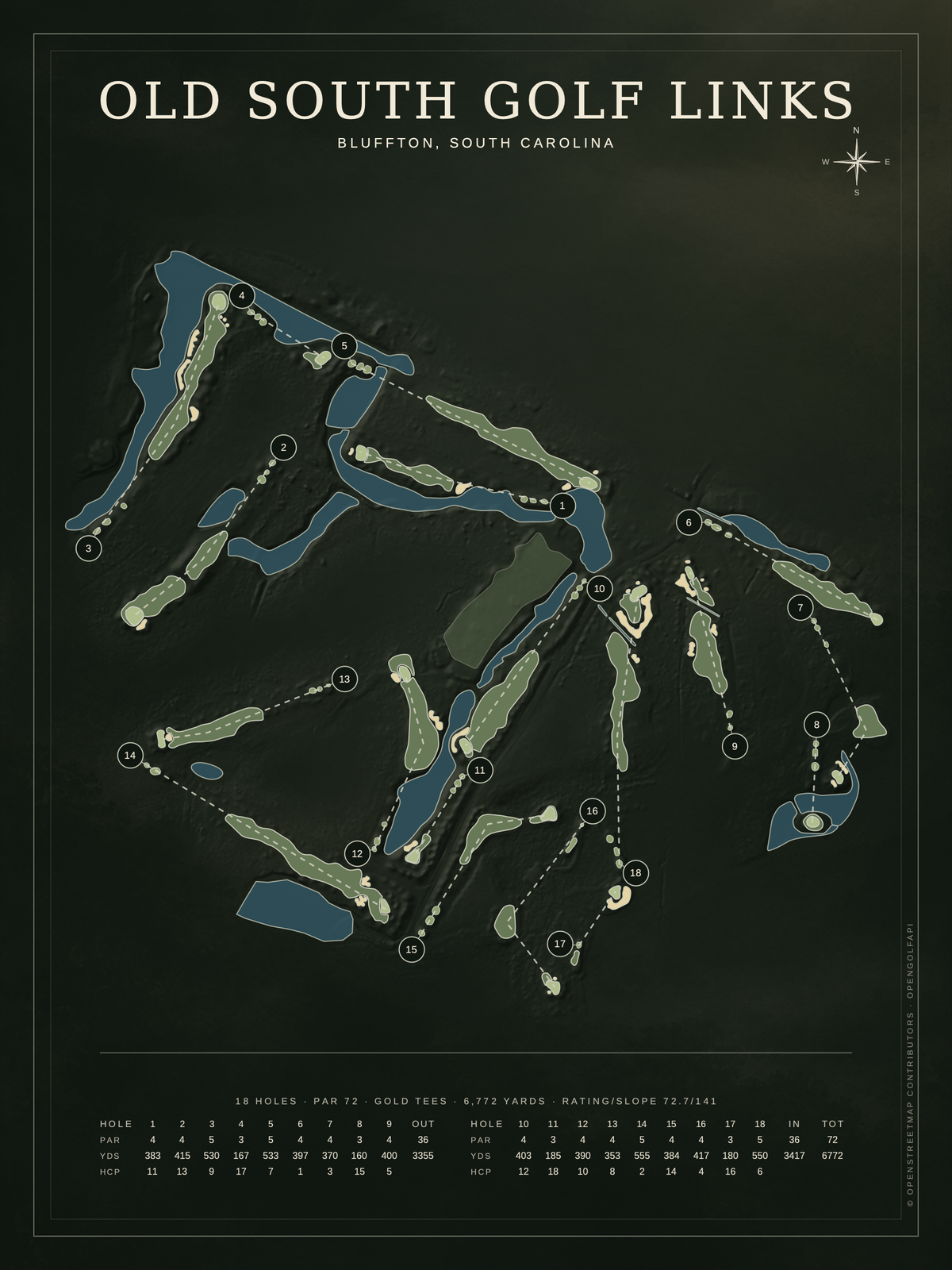 Old South Golf Links course map poster, Architectural style, 12×16 / 18×24