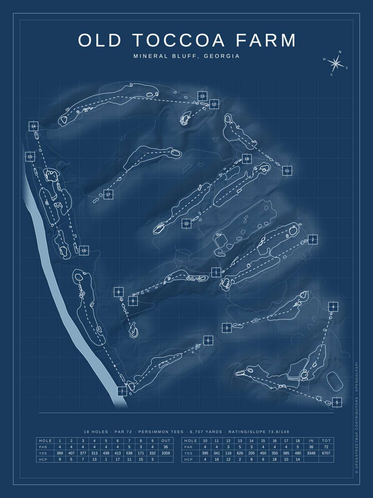 Old Toccoa Farm course map poster, Blueprint style, 12×16 / 18×24