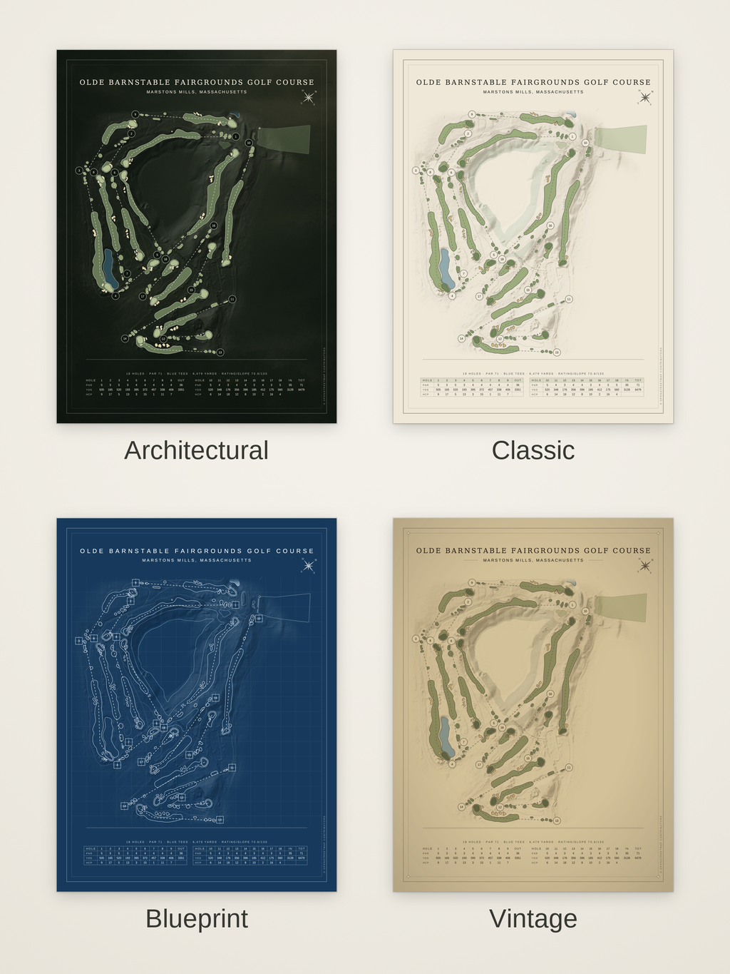 Olde Barnstable Fairgrounds Golf Course map poster in four styles: Architectural, Classic, Blueprint and Vintage