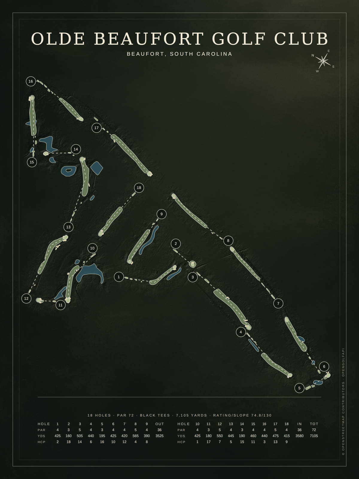 Olde Beaufort Golf Club course map poster, Architectural style, 12×16 / 18×24