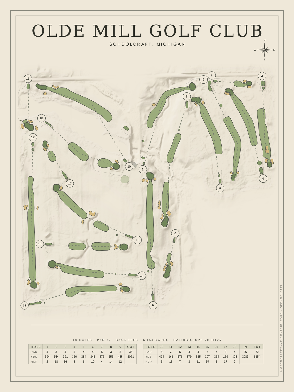 Olde Mill Golf Club course map poster, Classic style, 12×16 / 18×24