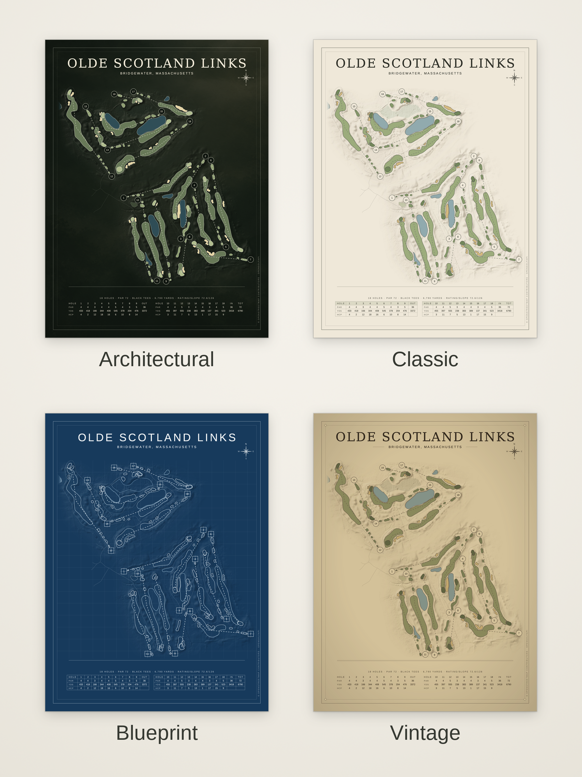 Olde Scotland Links course map poster in four styles: Architectural, Classic, Blueprint and Vintage