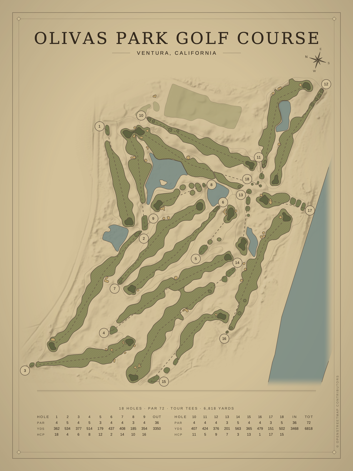 Olivas Park Golf Course map poster, Vintage style, 12×16 / 18×24