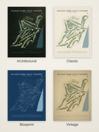 Olivas Park Golf Course map poster in four styles: Architectural, Classic, Blueprint and Vintage