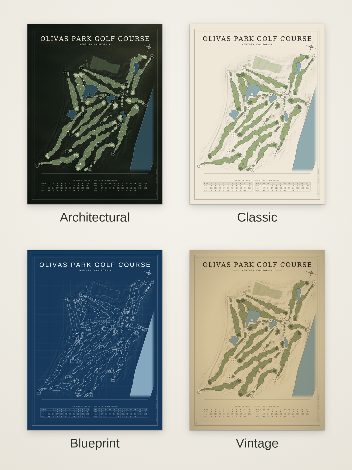 Olivas Park Golf Course map poster in four styles: Architectural, Classic, Blueprint and Vintage