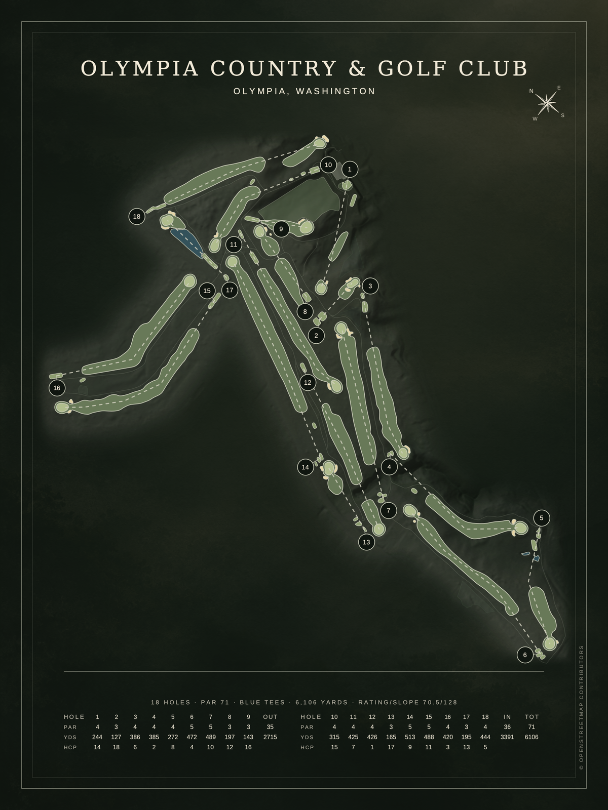 Olympia Country & Golf Club course map poster, Architectural style, 12×16 / 18×24