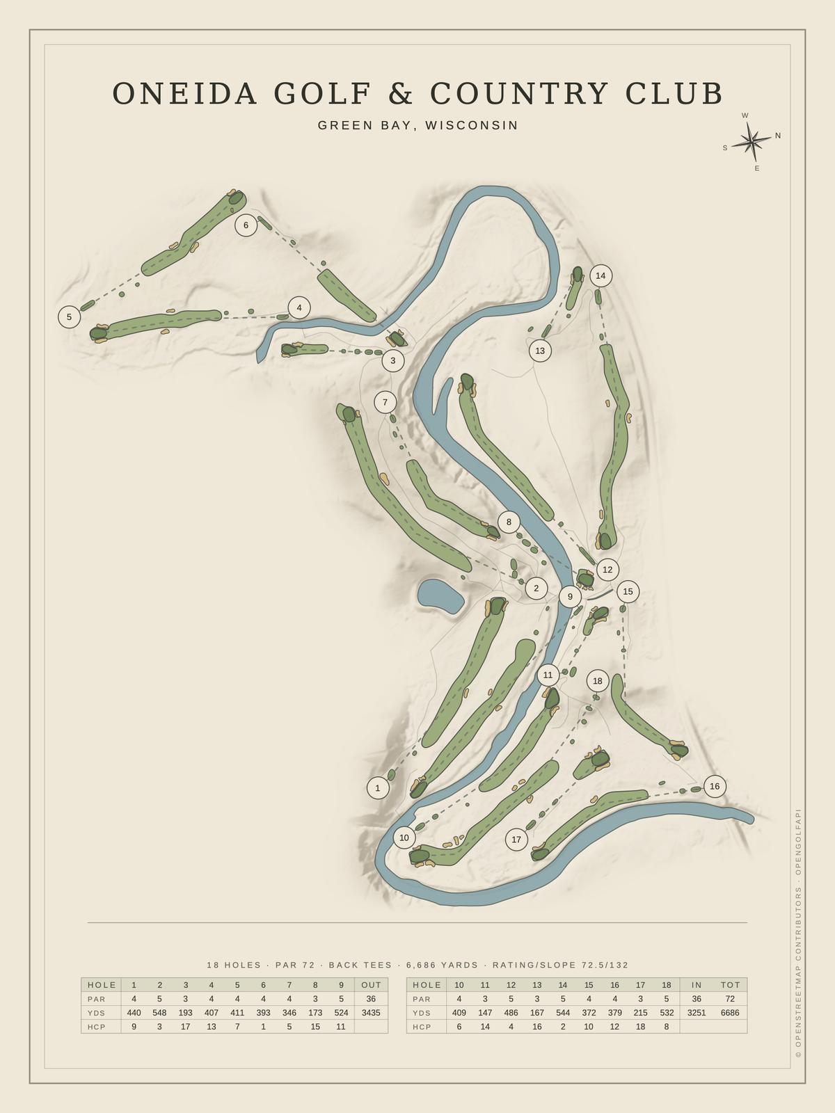 Oneida Golf & Country Club course map poster, Classic style, 12×16 / 18×24