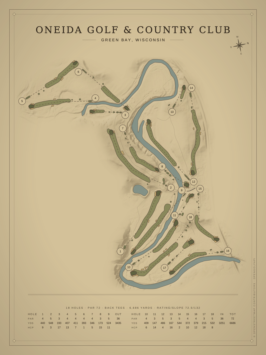 Oneida Golf & Country Club course map poster, Vintage style, 12×16 / 18×24