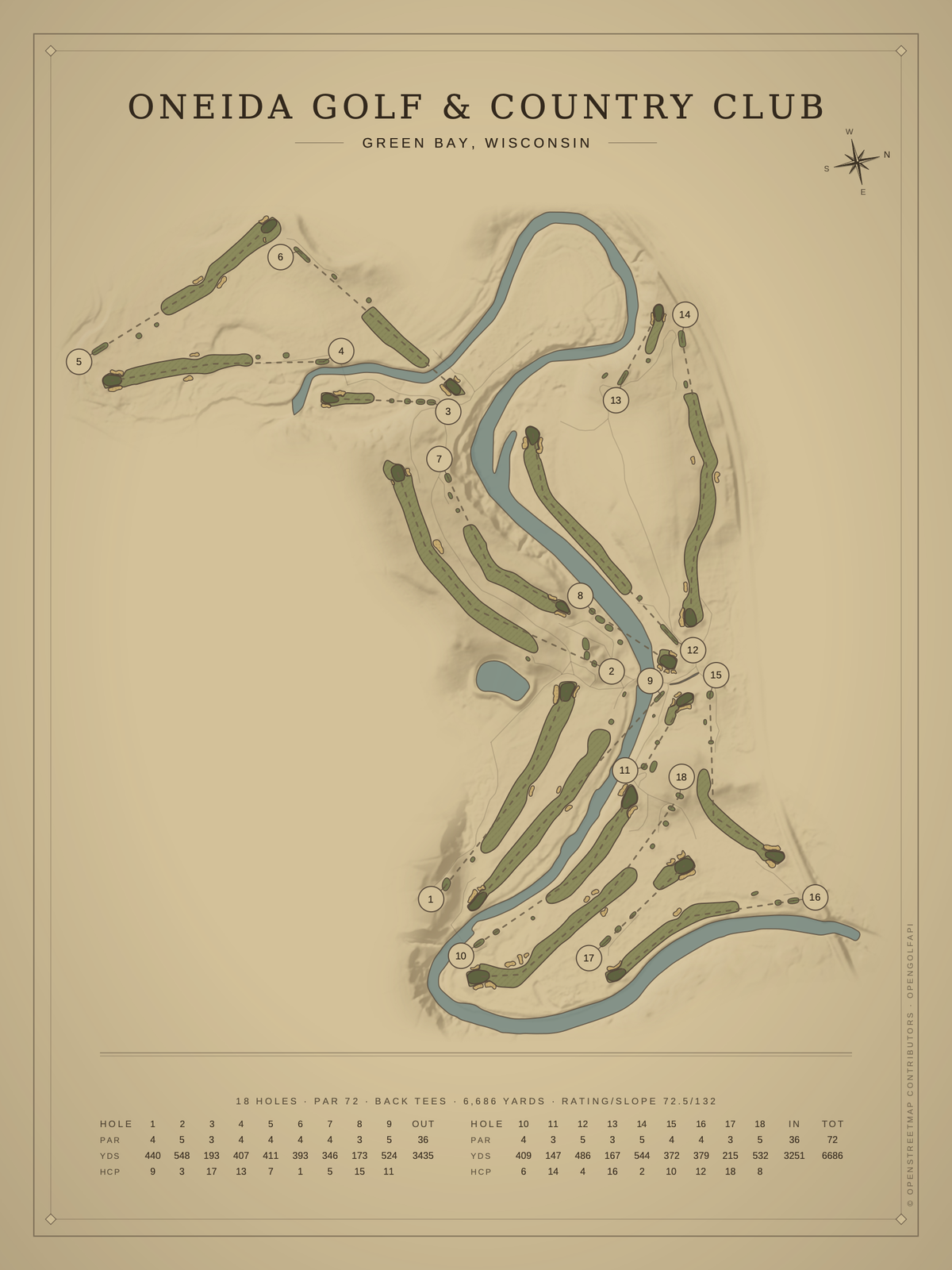 Oneida Golf & Country Club course map poster, Vintage style, 12×16 / 18×24
