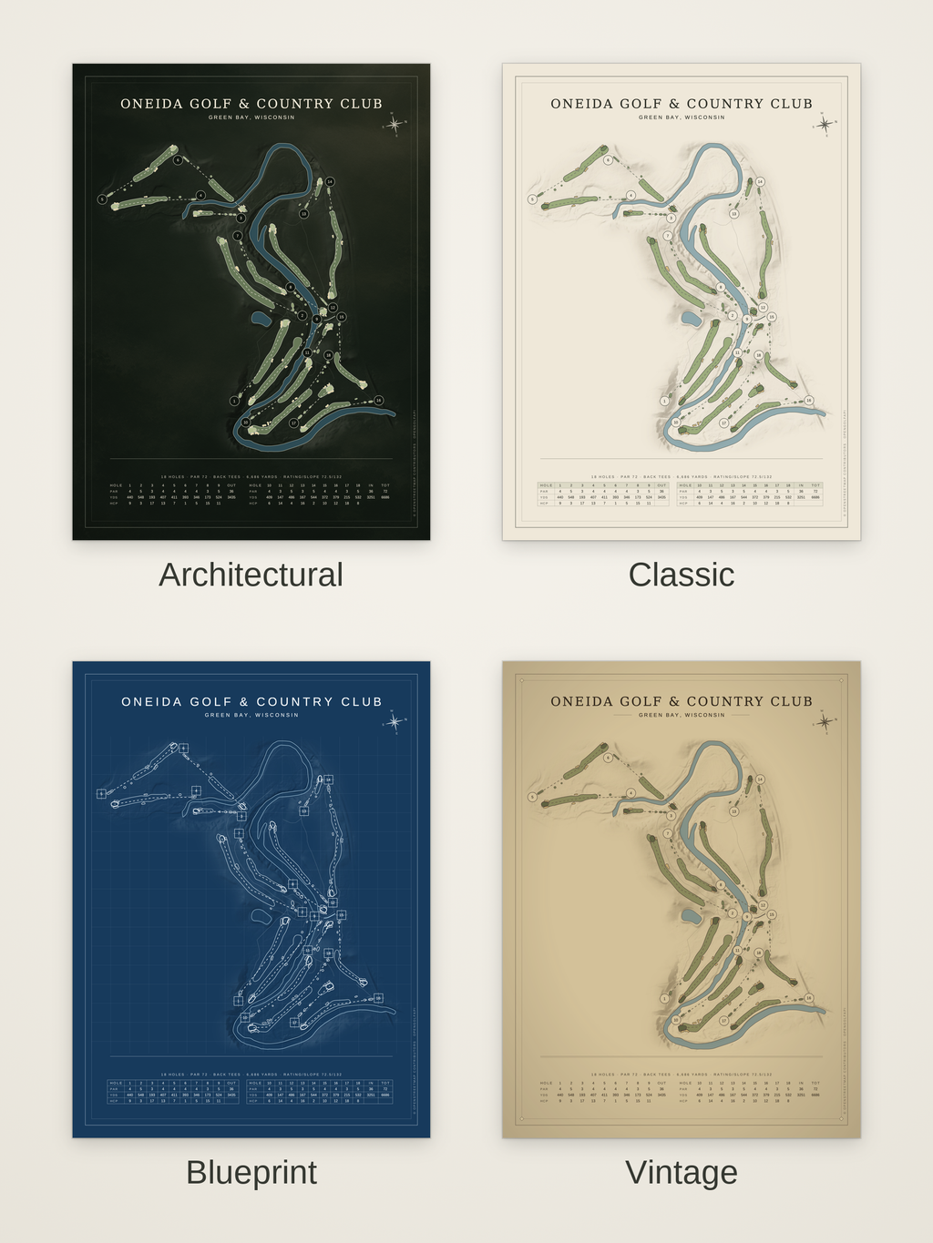 Oneida Golf & Country Club course map poster in four styles: Architectural, Classic, Blueprint and Vintage