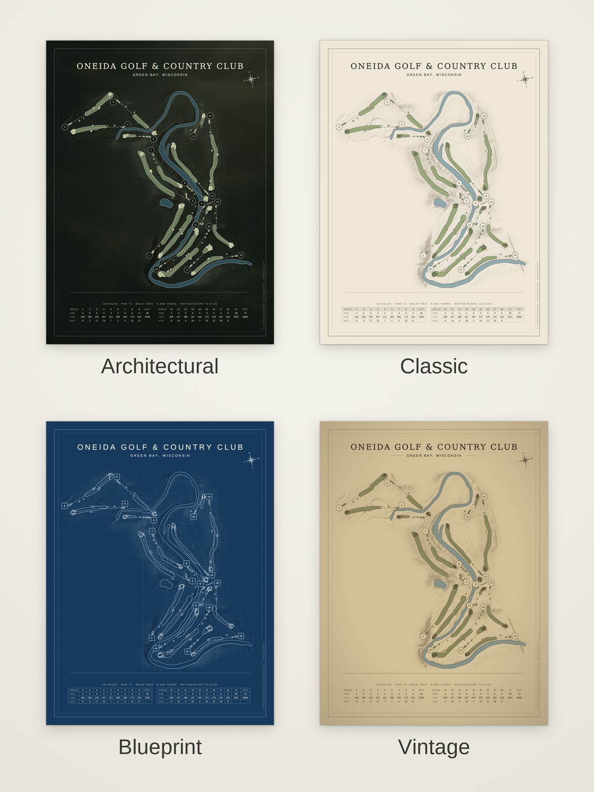 Oneida Golf & Country Club course map poster in four styles: Architectural, Classic, Blueprint and Vintage