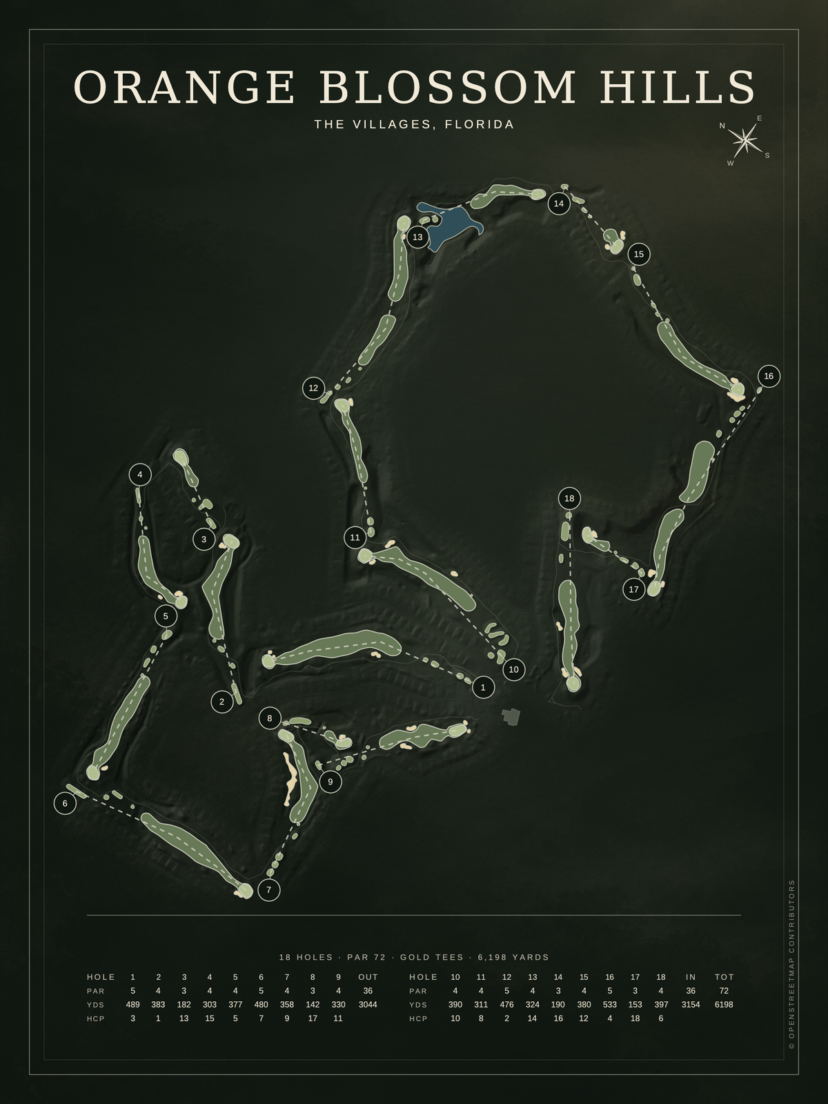 Orange Blossom Hills course map poster, Architectural style, 12×16 / 18×24