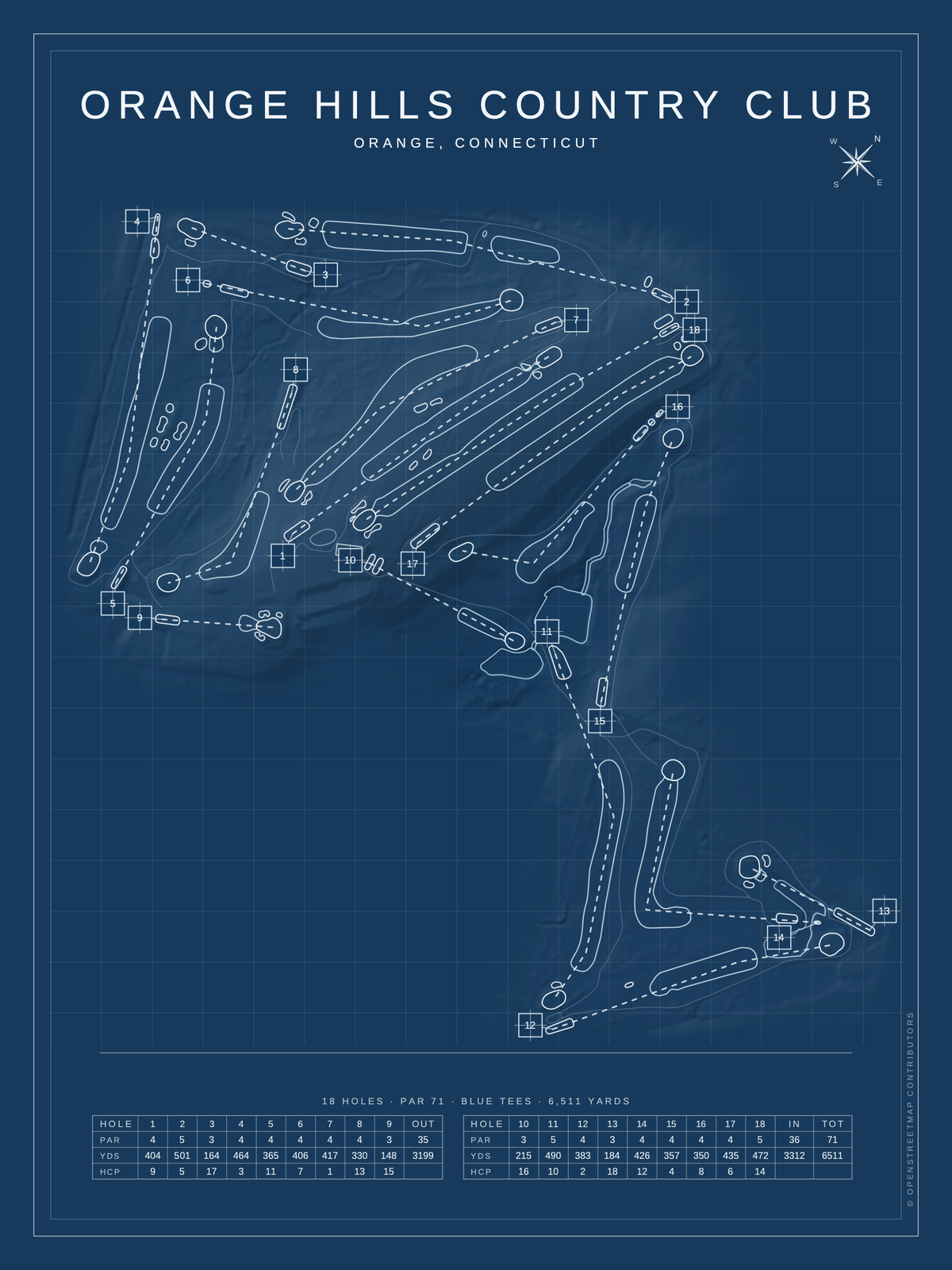Orange Hills Country Club course map poster, Blueprint style, 12×16 / 18×24