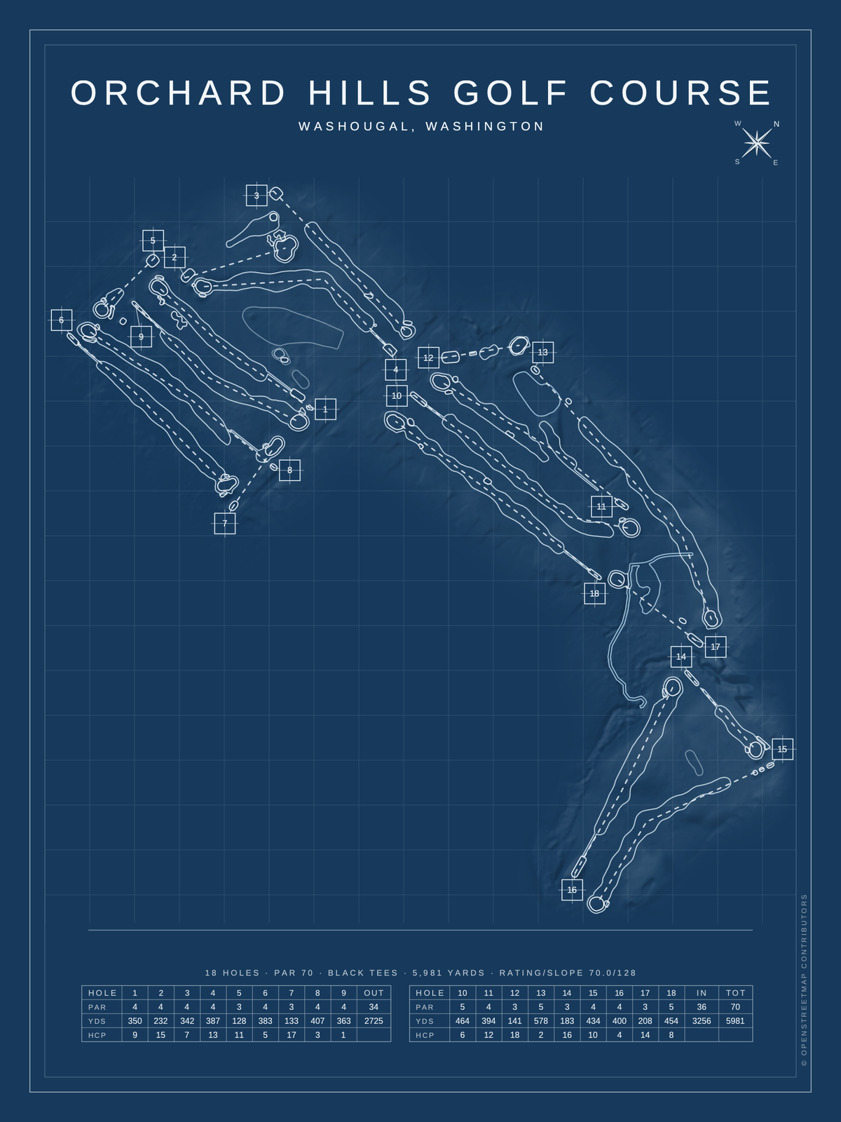 Orchard Hills Golf Course map poster, Blueprint style, 12×16 / 18×24