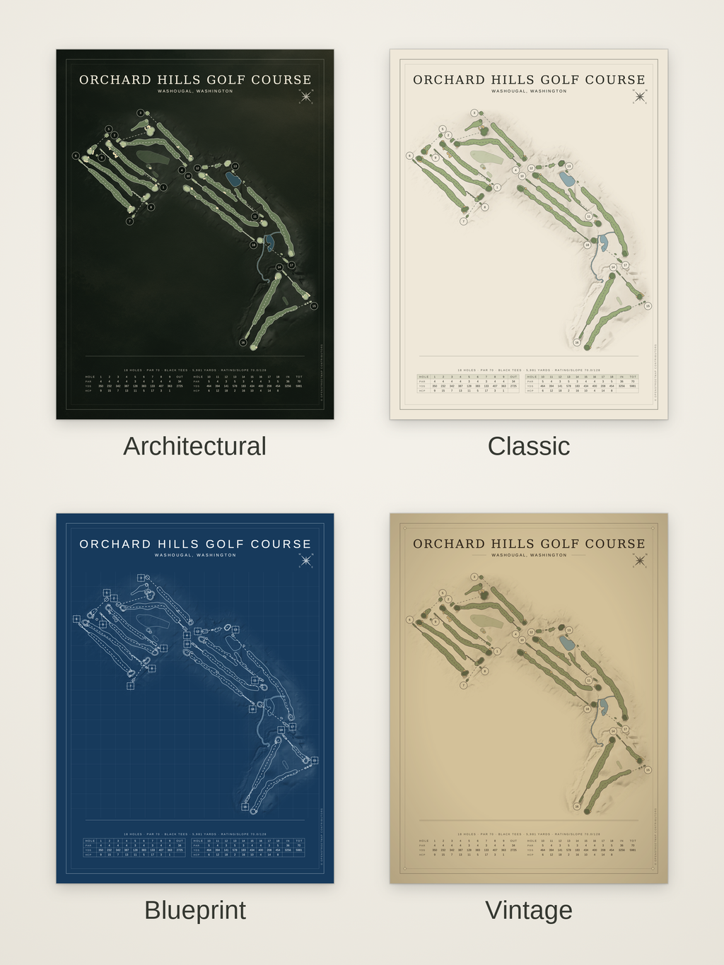 Orchard Hills Golf Course map poster in four styles: Architectural, Classic, Blueprint and Vintage