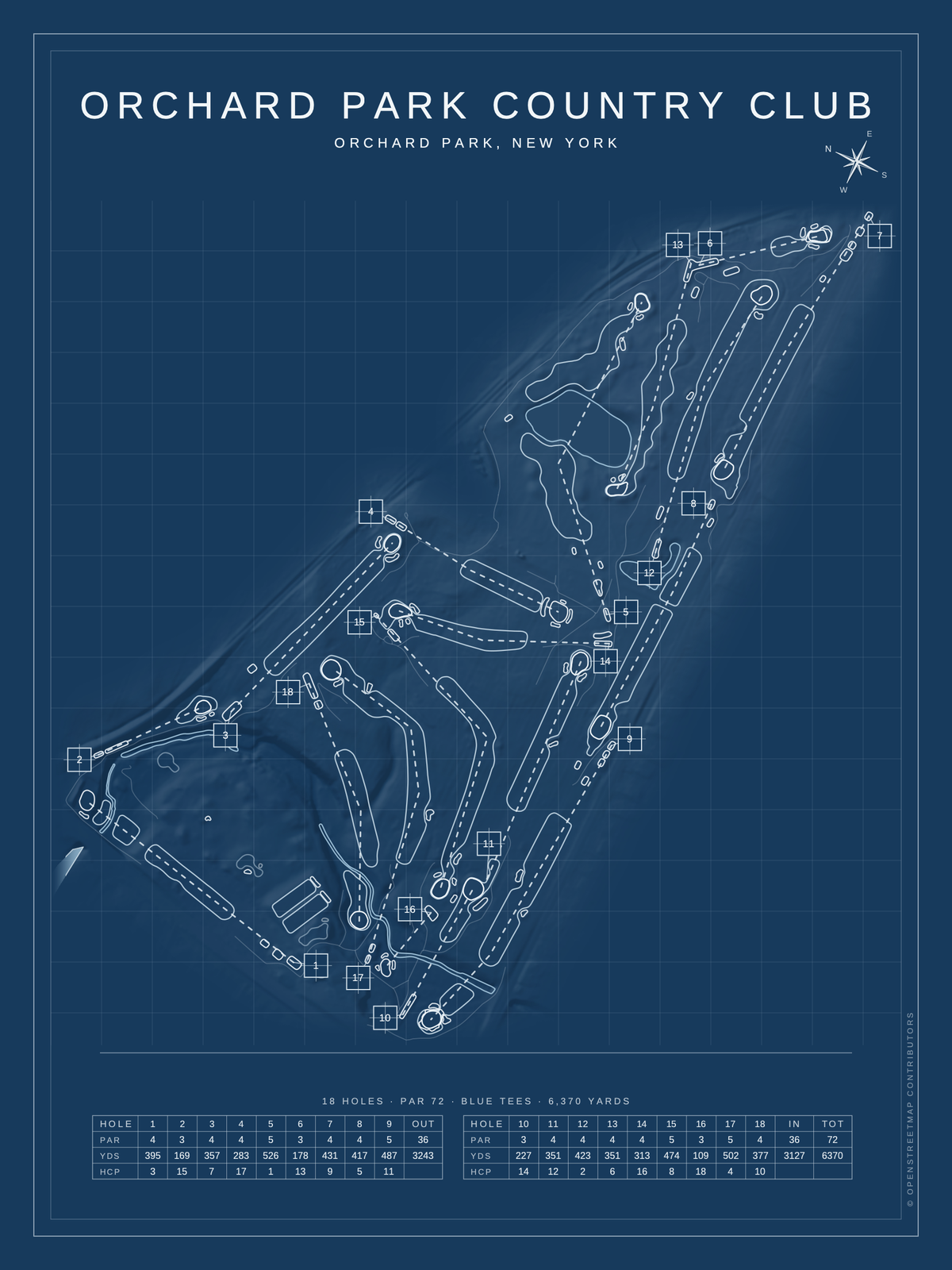 Orchard Park Country Club course map poster, Blueprint style, 12×16 / 18×24