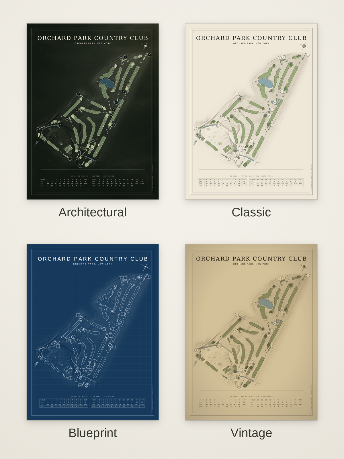 Orchard Park Country Club course map poster in four styles: Architectural, Classic, Blueprint and Vintage