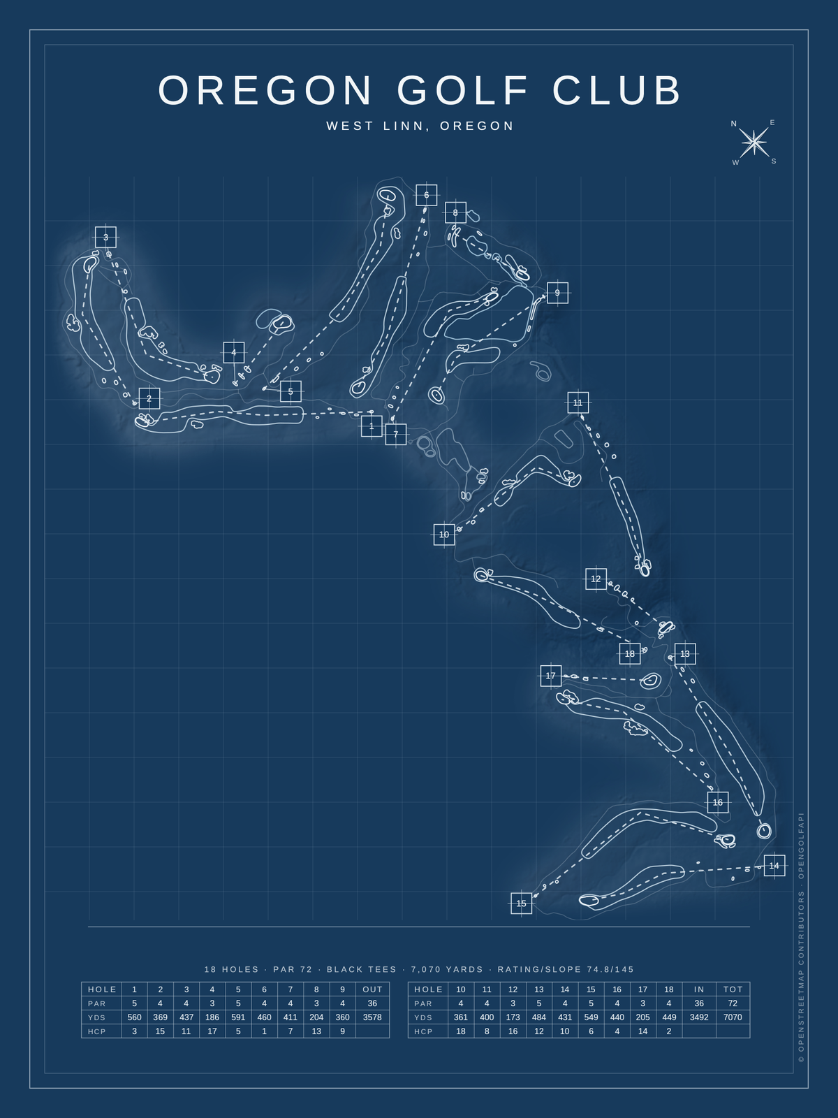 Oregon Golf Club course map poster, Blueprint style, 12×16 / 18×24