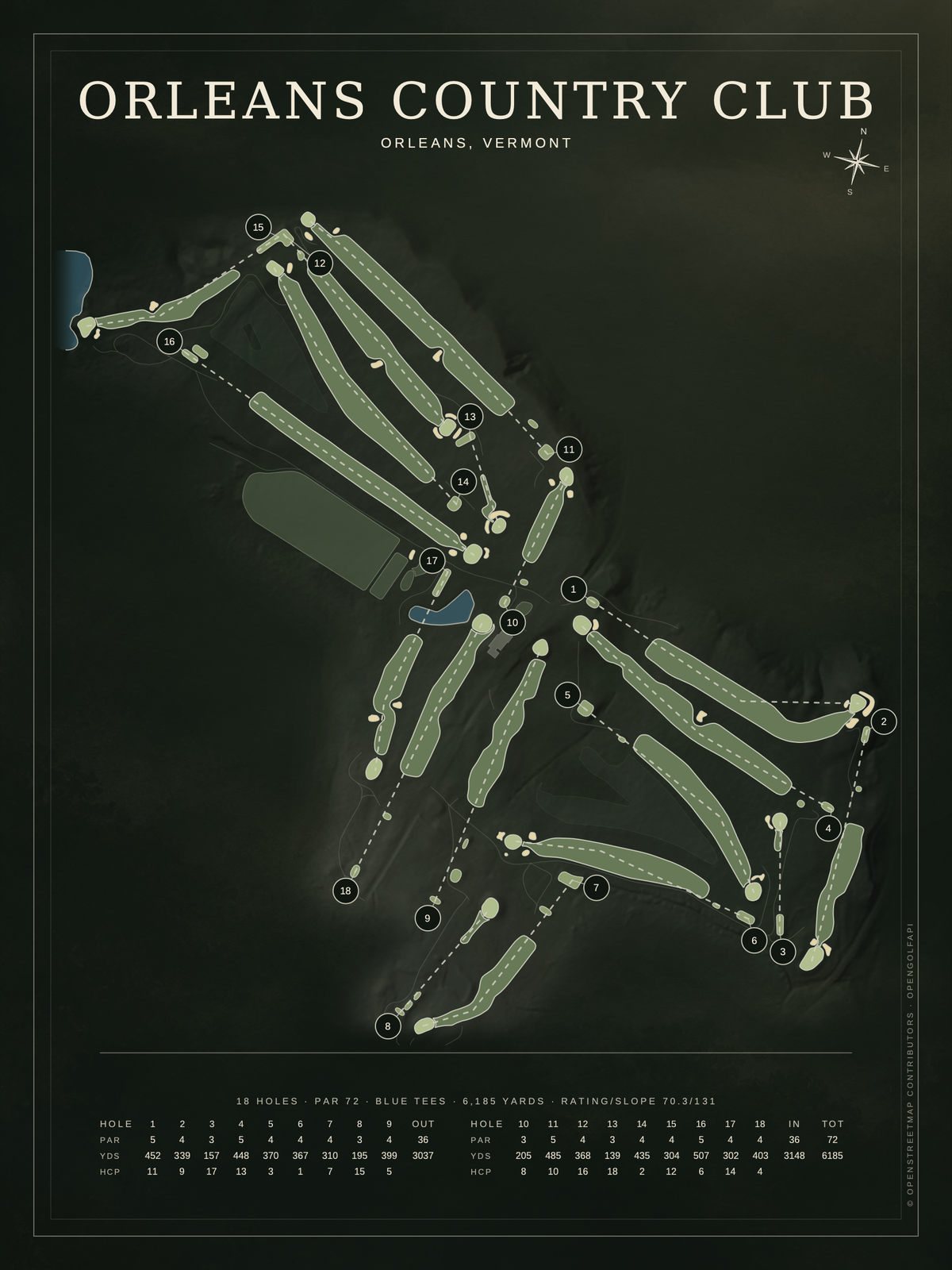Orleans Country Club course map poster, Architectural style, 12×16 / 18×24