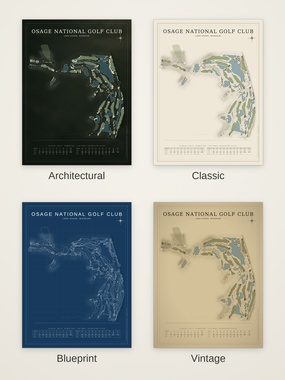 Osage National Golf Club course map poster in four styles: Architectural, Classic, Blueprint and Vintage