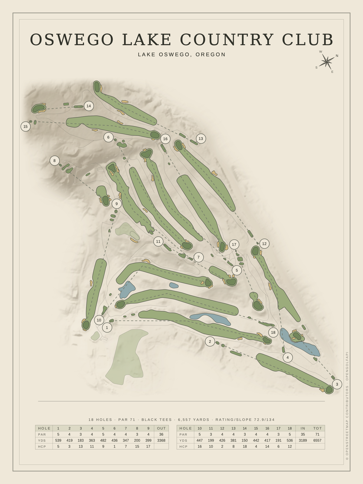 Oswego Lake Country Club course map poster, Classic style, 12×16 / 18×24